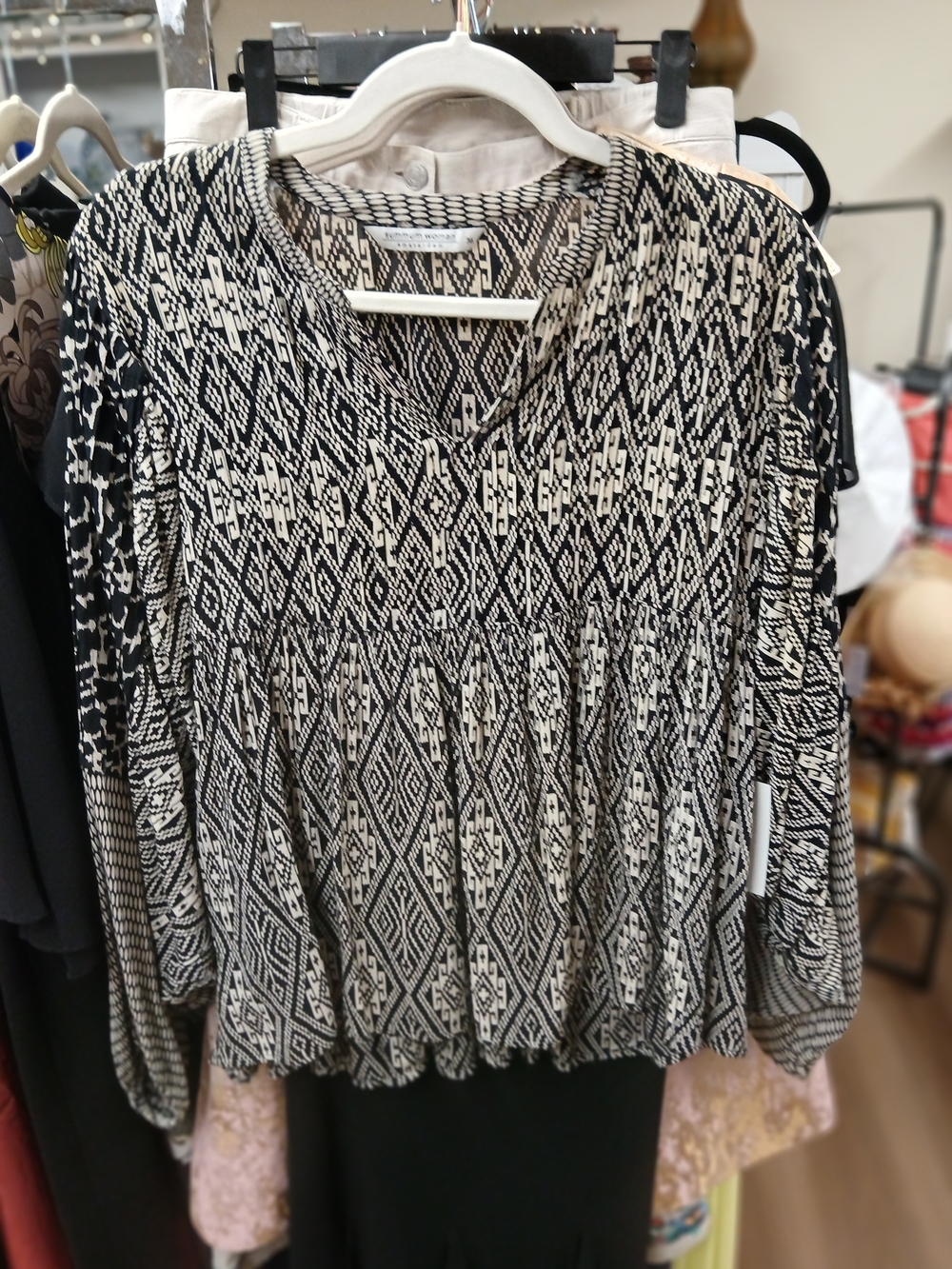 Black and Cream Geometric Print Women's Peasant Blouse